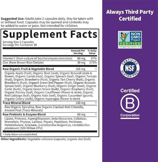 Garden of Life Zinc Supplements 30mg High Potency Raw Zinc and Vitamin C Multimineral Supplement