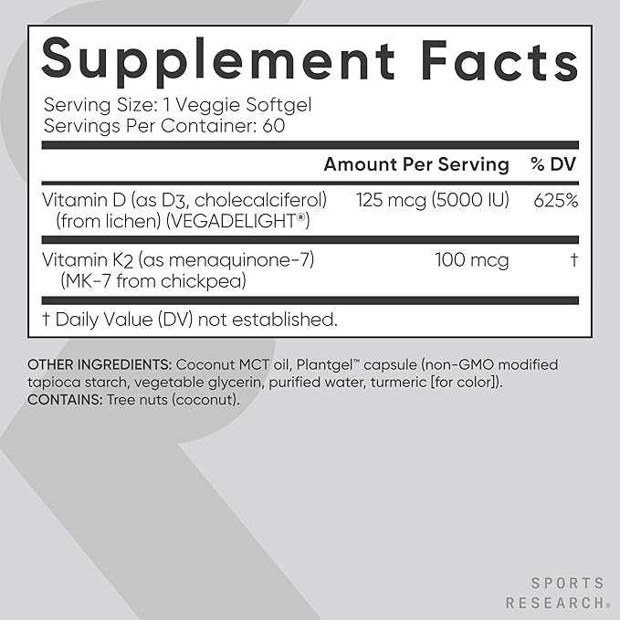 Sports Research® Vitamin D3 + K2 w/ Coconut Oil - Vegan Vitamin D 5000iu & Mk7 Vitamin K 100mcg for Bone & Immune Support