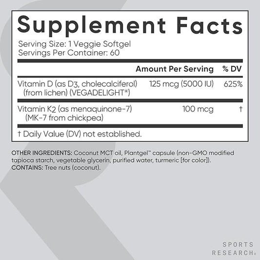 Sports Research® Vitamin D3 + K2 w/ Coconut Oil - Vegan Vitamin D 5000iu & Mk7 Vitamin K 100mcg for Bone & Immune Support