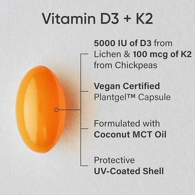 Sports Research® Vitamin D3 + K2 w/ Coconut Oil - Vegan Vitamin D 5000iu & Mk7 Vitamin K 100mcg for Bone & Immune Support