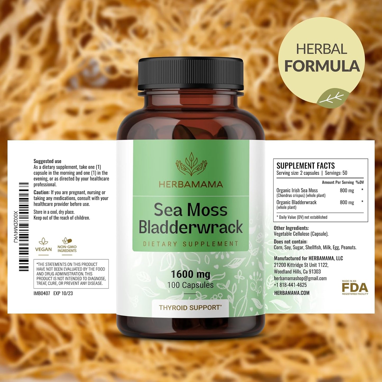 HERBAMAMA Sea Moss and Bladderwrack Capsules - 1600mg Irish Sea Moss