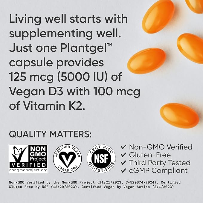 Sports Research® Vitamin D3 + K2 w/ Coconut Oil - Vegan Vitamin D 5000iu & Mk7 Vitamin K 100mcg for Bone & Immune Support
