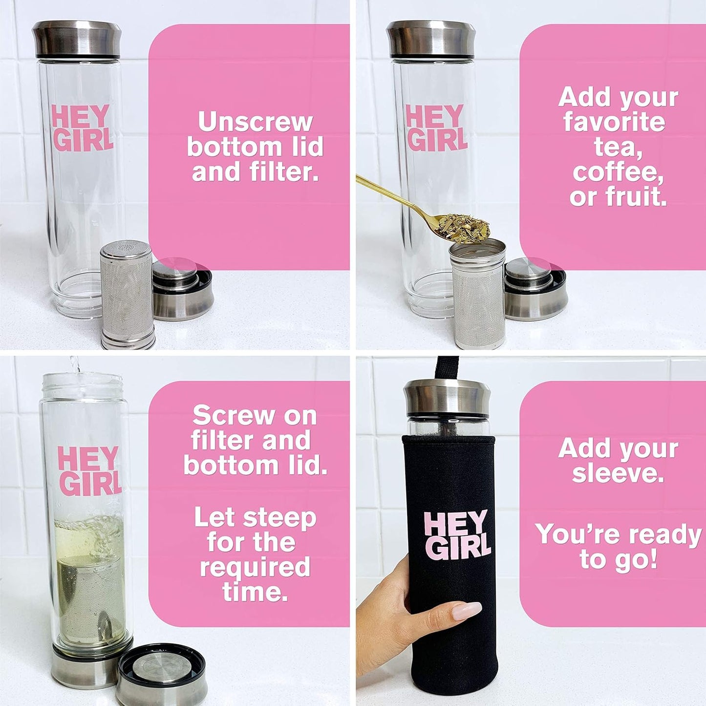 Hey Girl Glass Water Bottle Tea Infuser